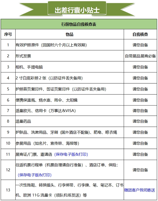 出行物品核查表