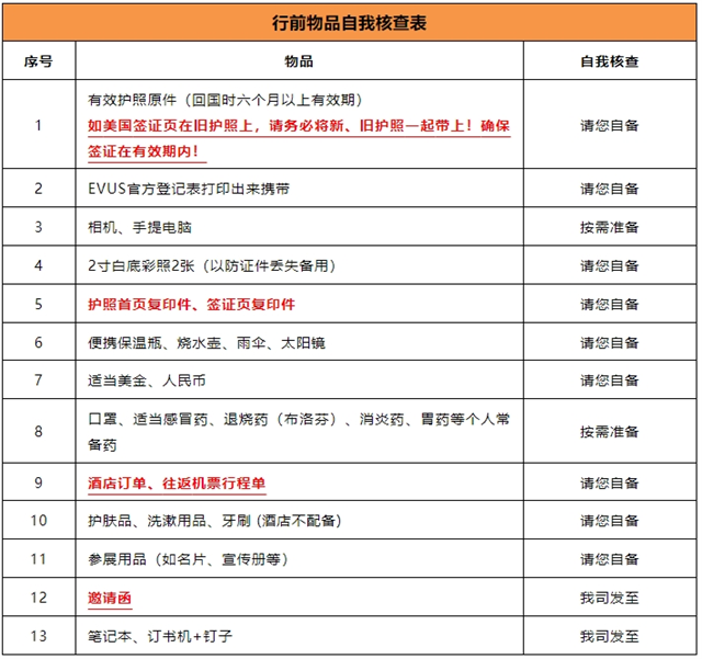 行前物品核查表